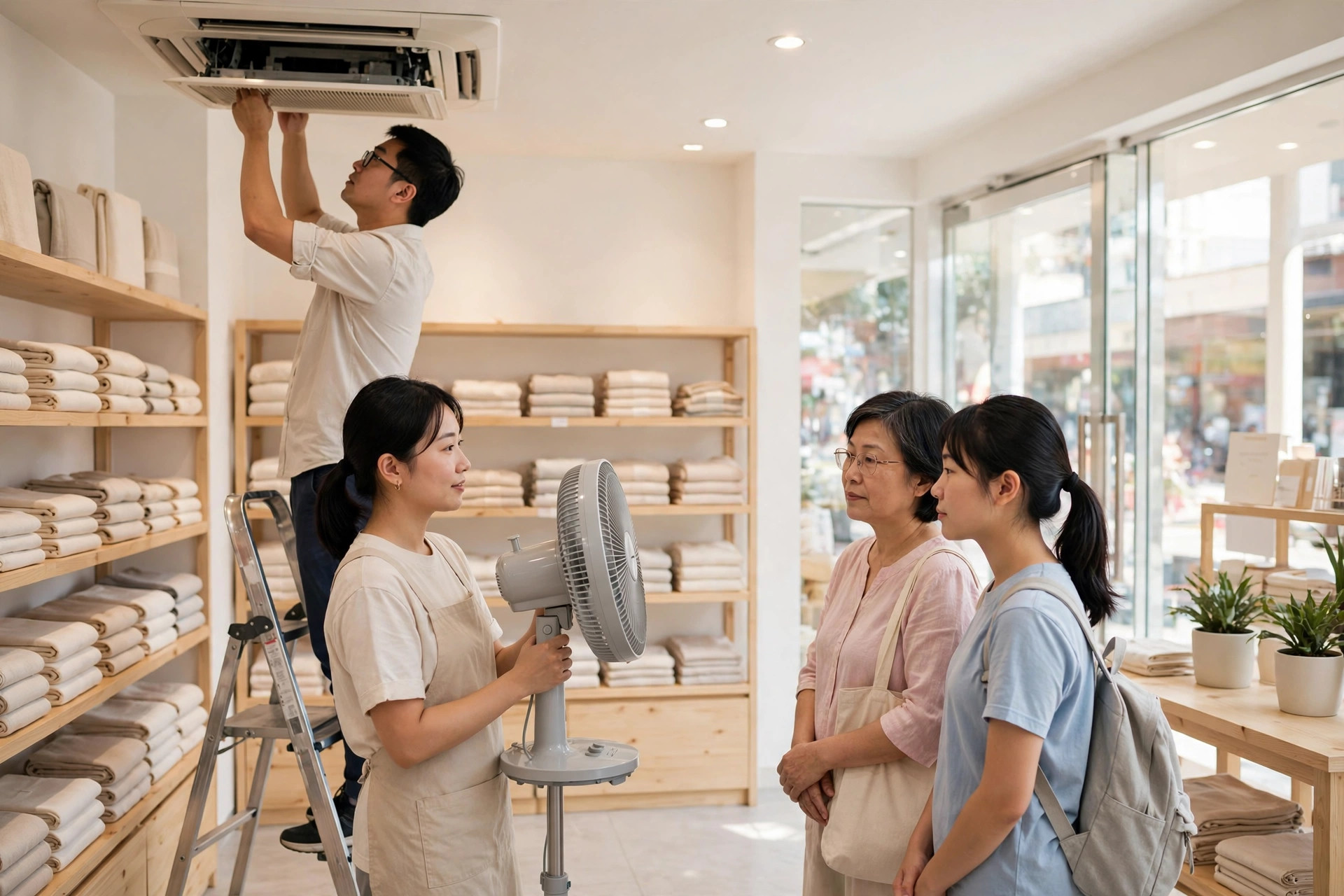 門市冷氣故障即場應變：檢查、臨時降溫、顧客安排與叫修