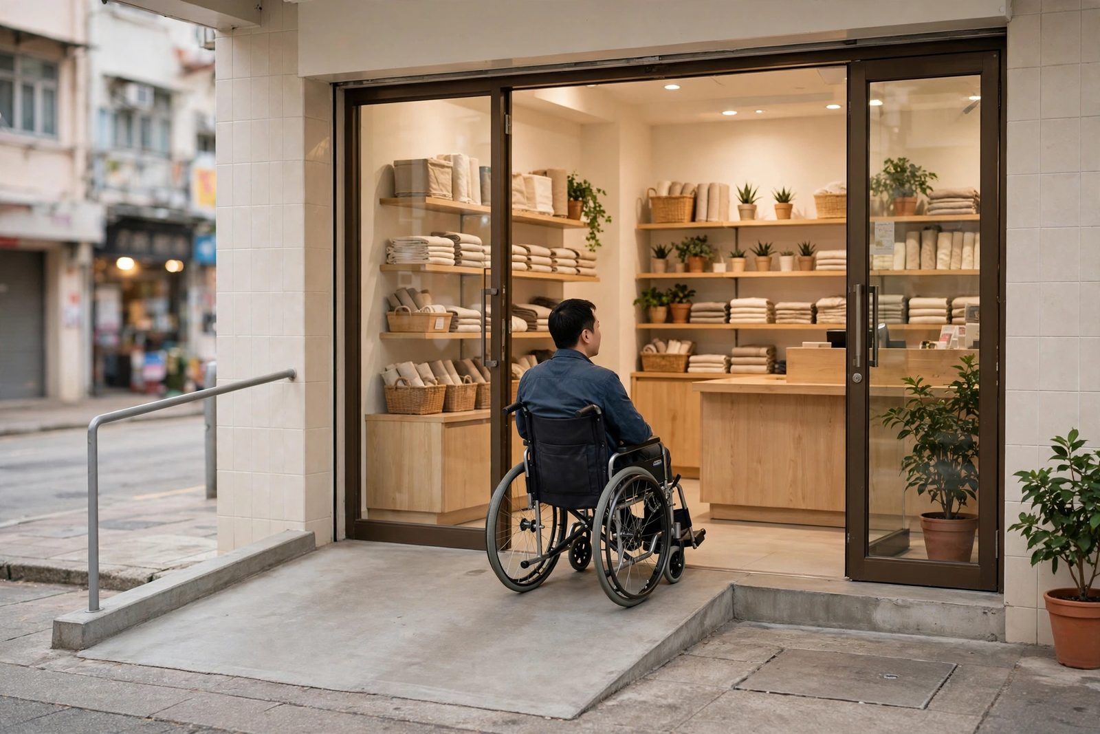 店舖門口無障礙通道＋收銀枱：輪椅顧客入到嚟、畀到錢