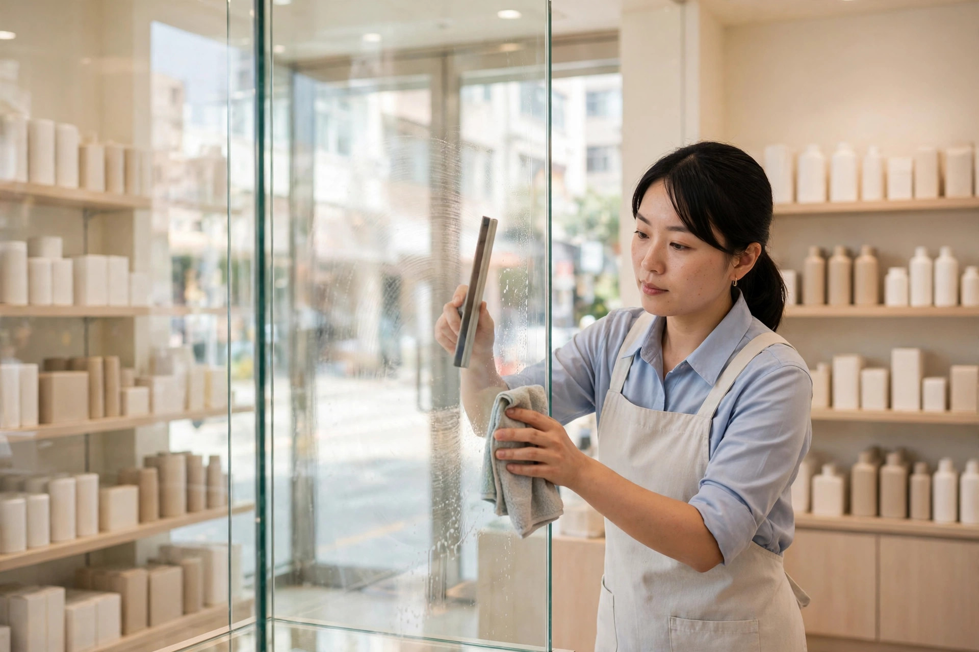 門市店內玻璃清潔：櫥窗、陳列櫃、鏡面