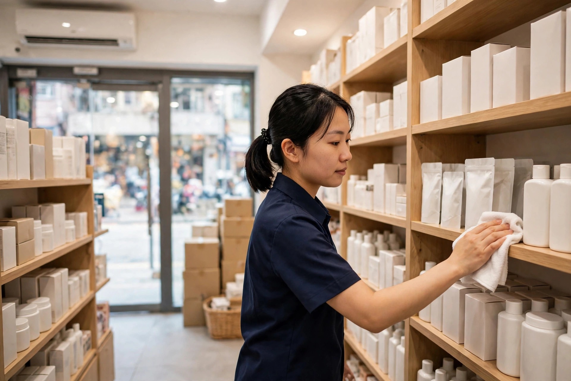 門市貨架清潔：除塵、抹拭、整理